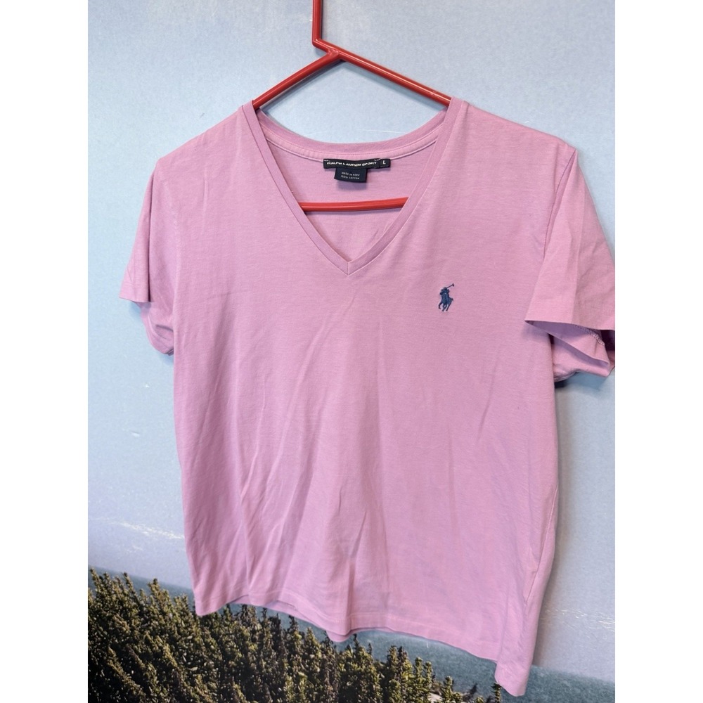 RALPH LAUREN SPORT Womens L Large V Neck LAVENDER Cotton Single Stitch